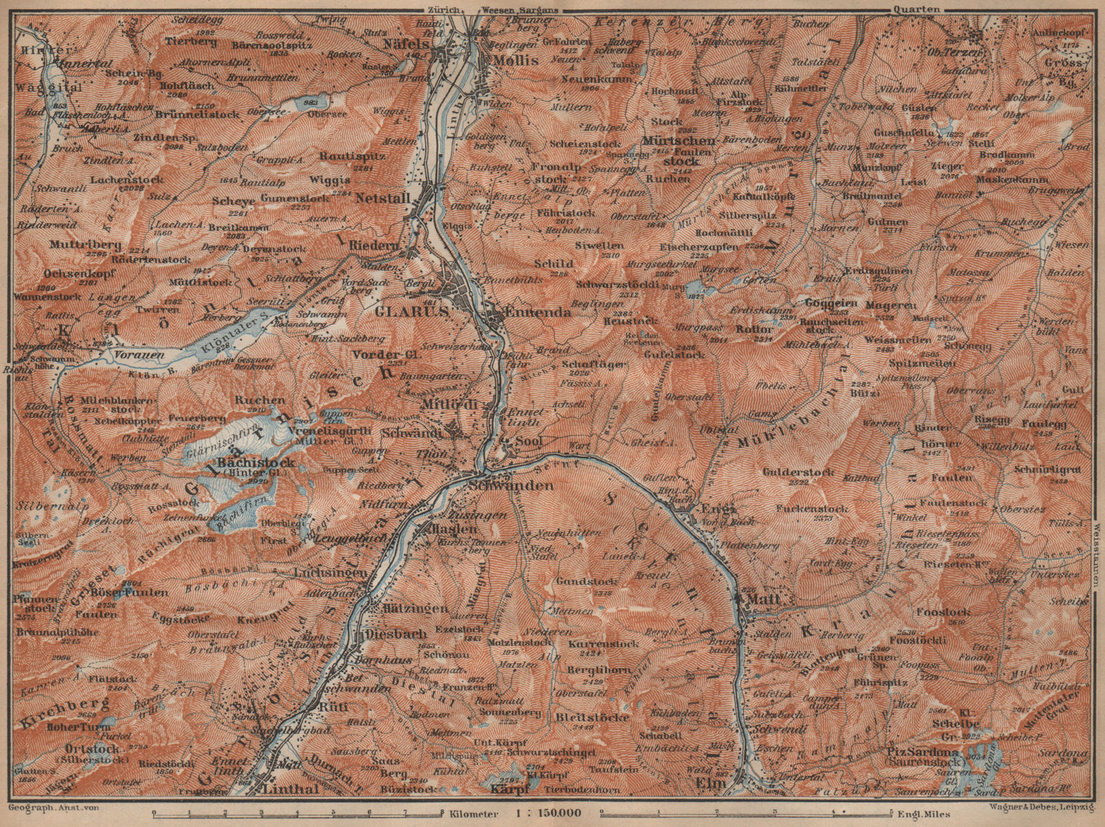 GLARUS area. Braunwald Bächistock Netstall Mollis Näfels Elm. Topo-map 1907